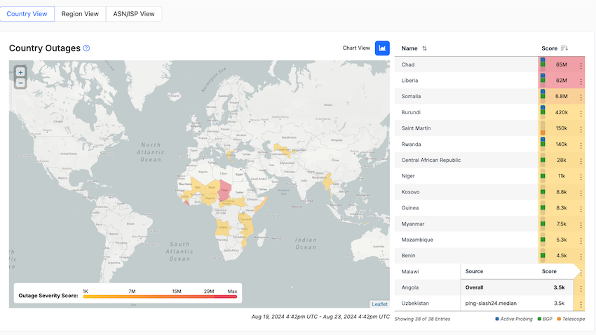 Screenshot of IODA's online internet outage map.